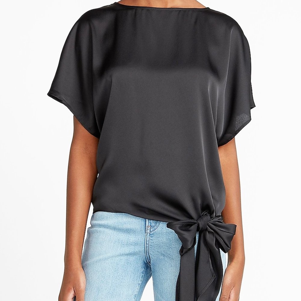 Express Black Satin Short Sleeve Tie-Waist Blouse